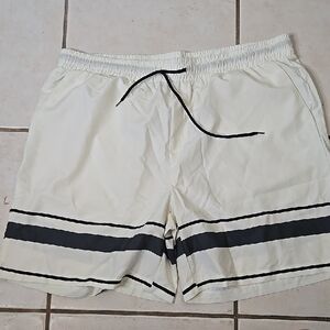 White Swim Shorts with Black Stripes